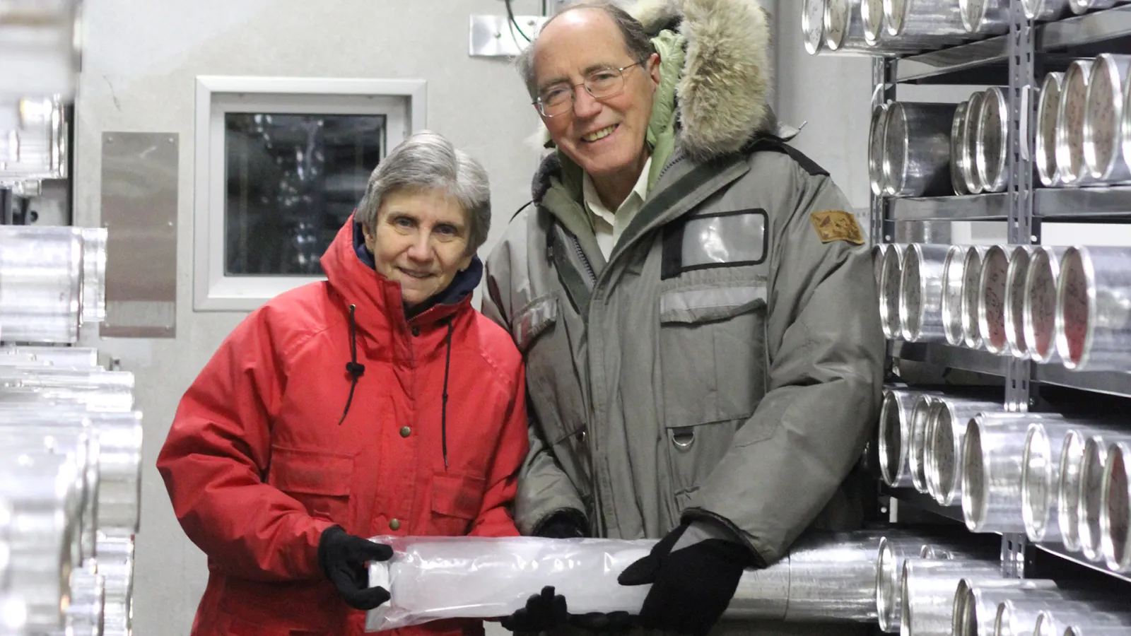 Dr. Lonnie Thompson and Dr. Ellen Mosley-Thompson hold an ice core.