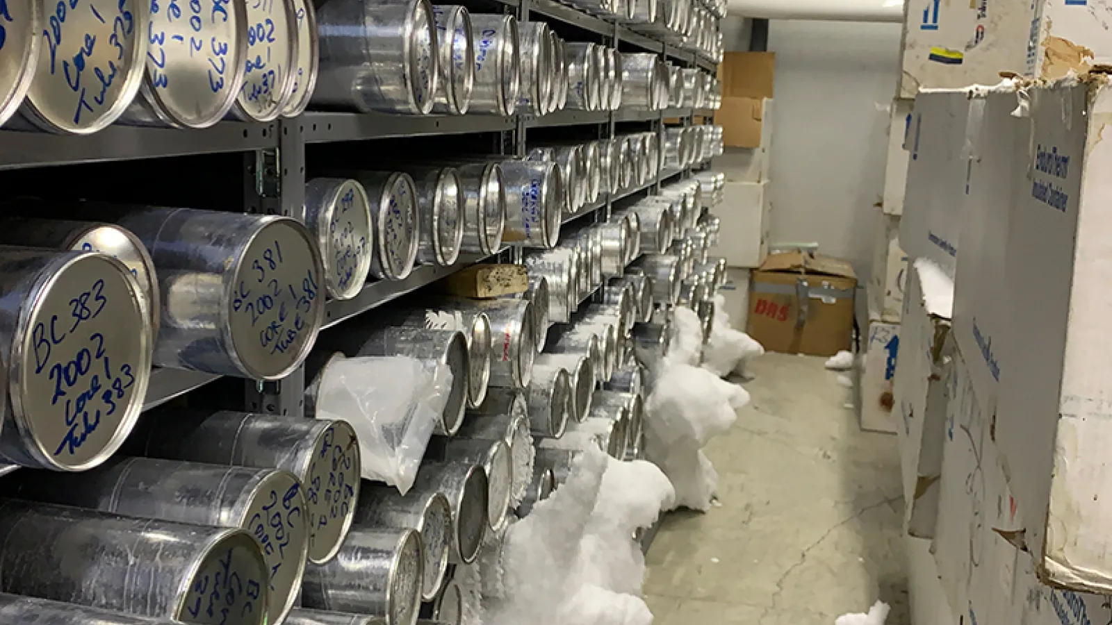 Ice core freezer facility. Ice cores are stored on shelves from floor to ceiling  