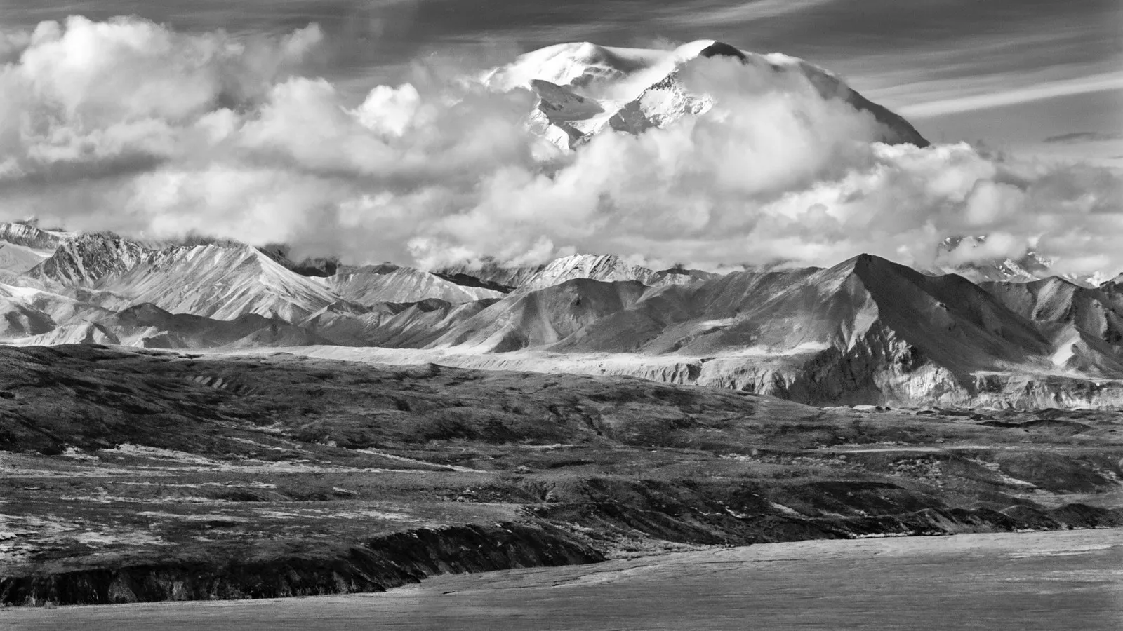 Landscape Scenery of Denali in Alaska with fiend and stream