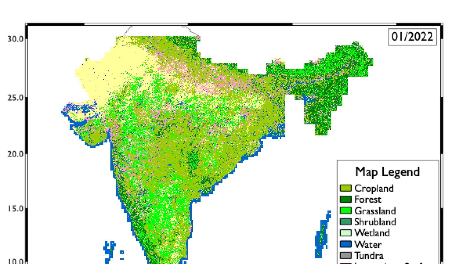 Map of India in green with some outline of blue and some yellow at the top, with a legend for colors included in the map showing land use and land cover classification January 2022
