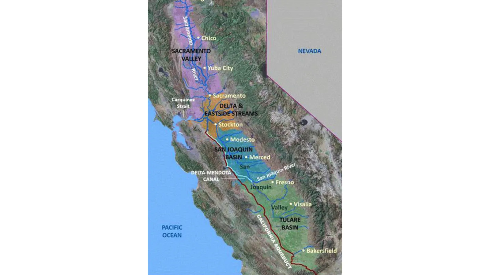 A USGS map of California's Central Valley showing topography and rivers with colors and names  with the pacific ocean on one side in blue and  Nevada in tan on the other side.