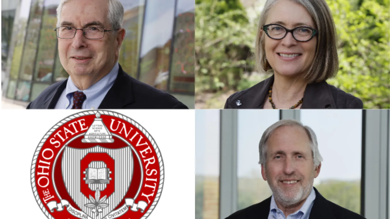 Four image tiles. Top left: a photo of Stuart L. Cooper. Top right: a photo of Elena G. Irwin. Bottom right: a photo of Stanley Lemeshow. Bottom left: the Ohio State University Seal.