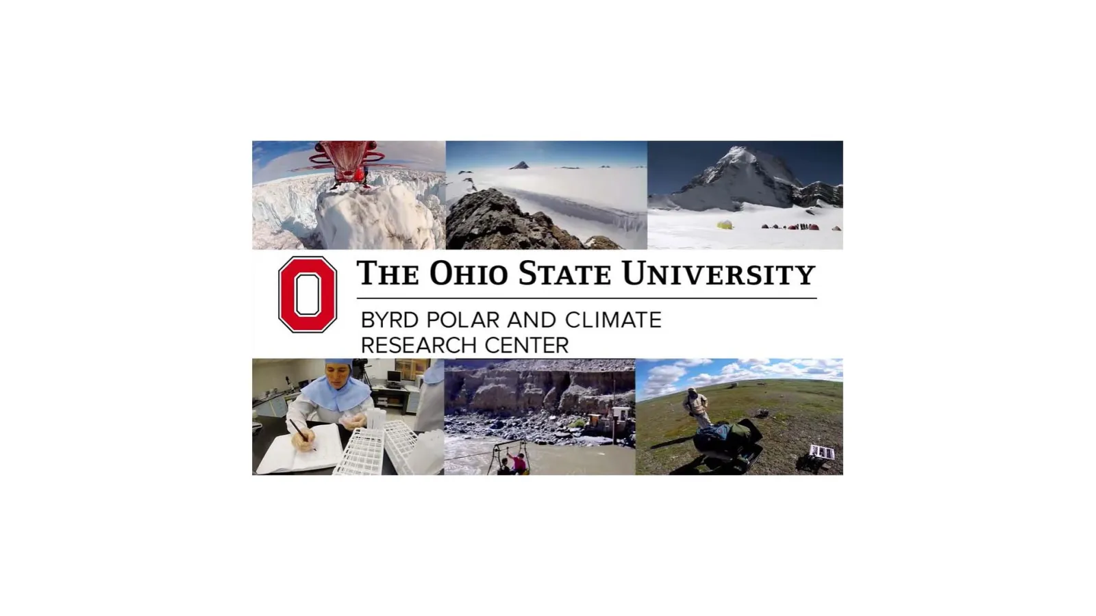 Byrd center logo in the middle of collage of 6 images, 3 top 3 bottom of scientist lab and field work