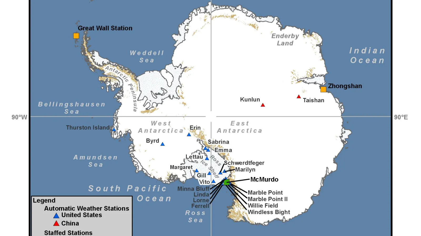 Map of Antarctica with different locations marked with colotful shapes and a legend on the map with bodies of water surrounding it, 