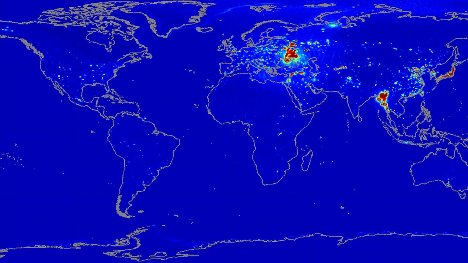 Map of the world in dark blue with land masses outlined and some patches of light blue, yellow and red mix.