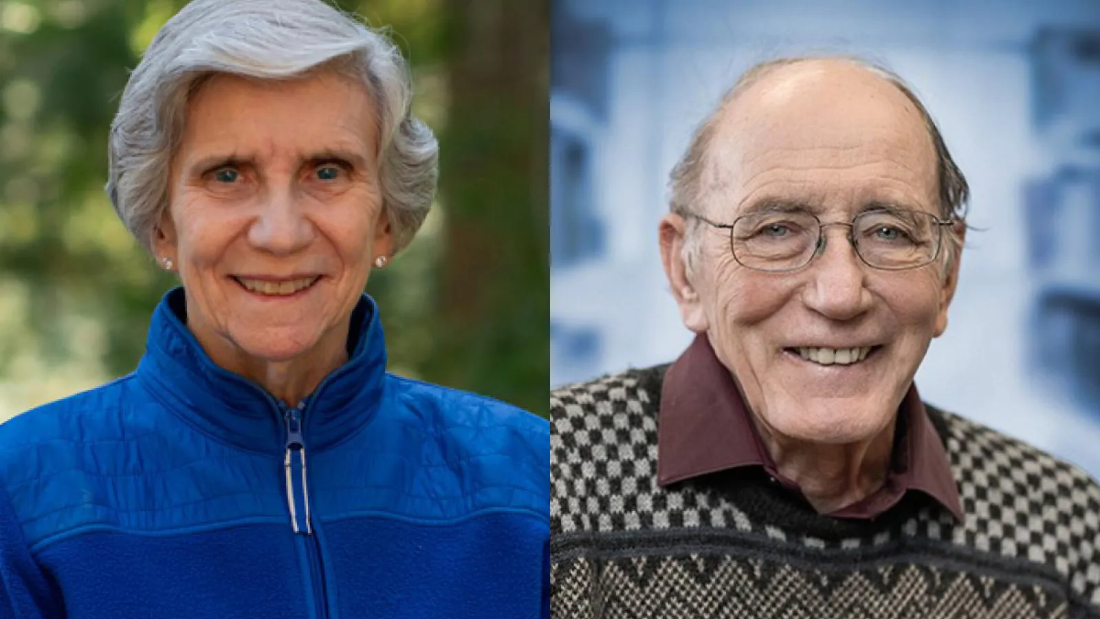 Two side-by-side portraits, a female in a blue jacket and a male in a sweater and glasses,, both smiling.