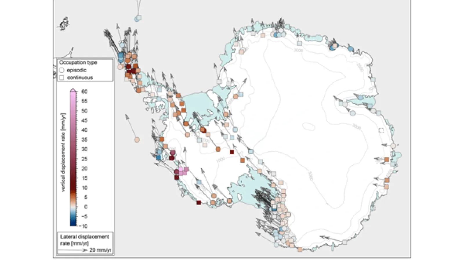 Map displaying ice concentration and movement around Antarctica, with color-coded areas showing ice concentration percentages and arrows indicating directional ice flow with a legend on the left. 