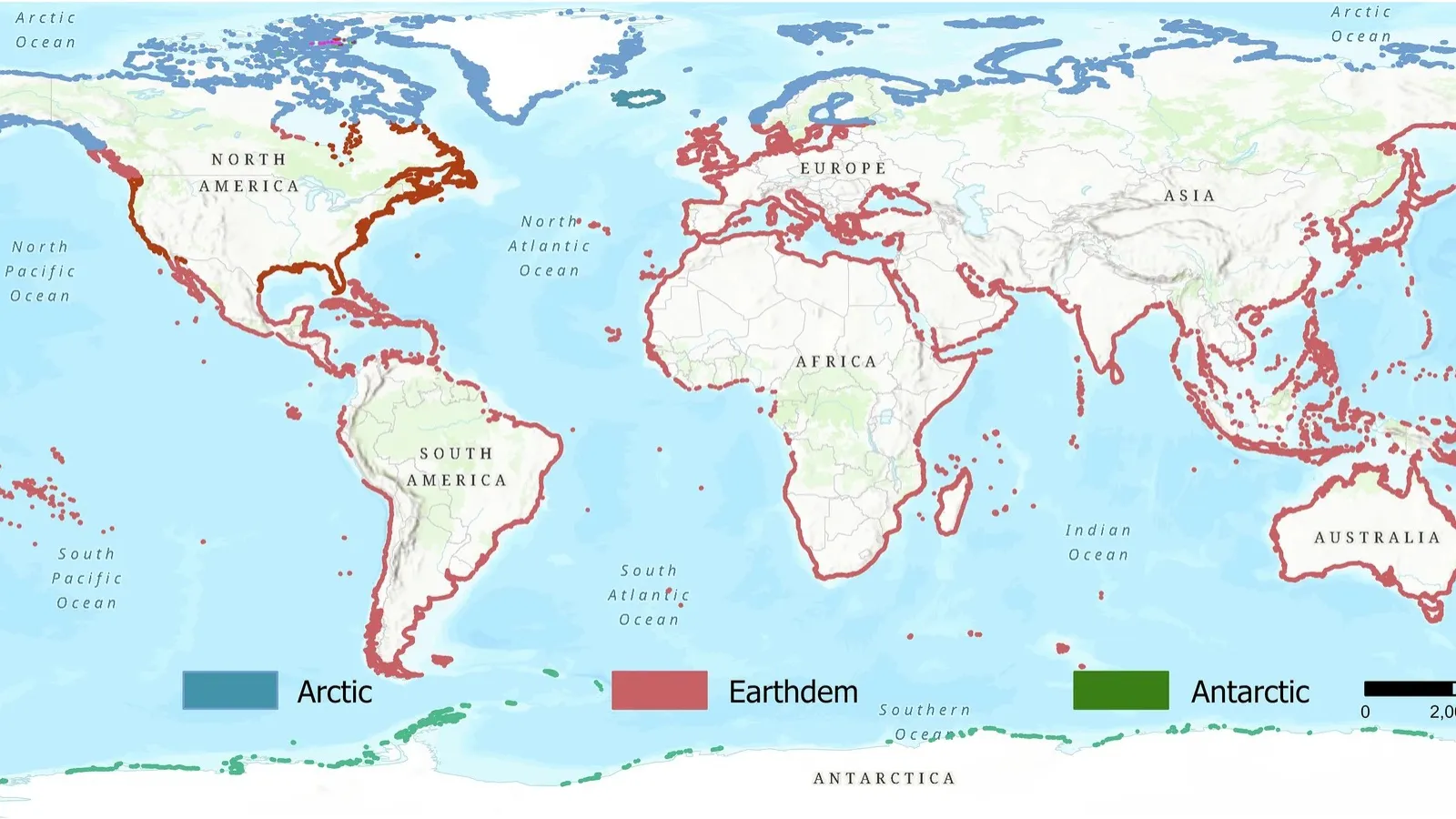 Map of continents with coastlines highlighted in red.