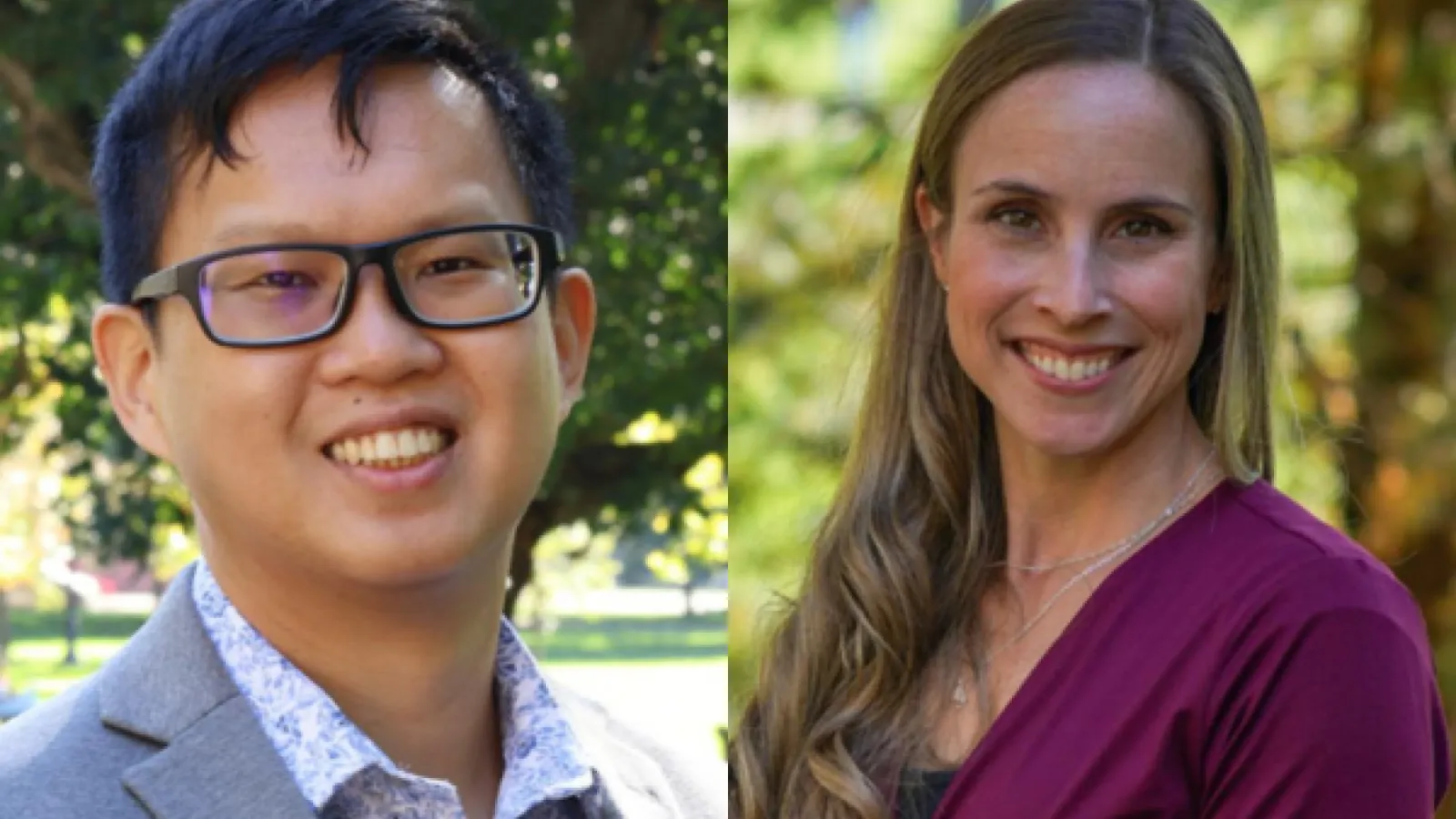 Portrait of two individuals smiling outdoors. On the left, a person with glasses wearing a gray blazer, and on the right, a person in a burgundy top.