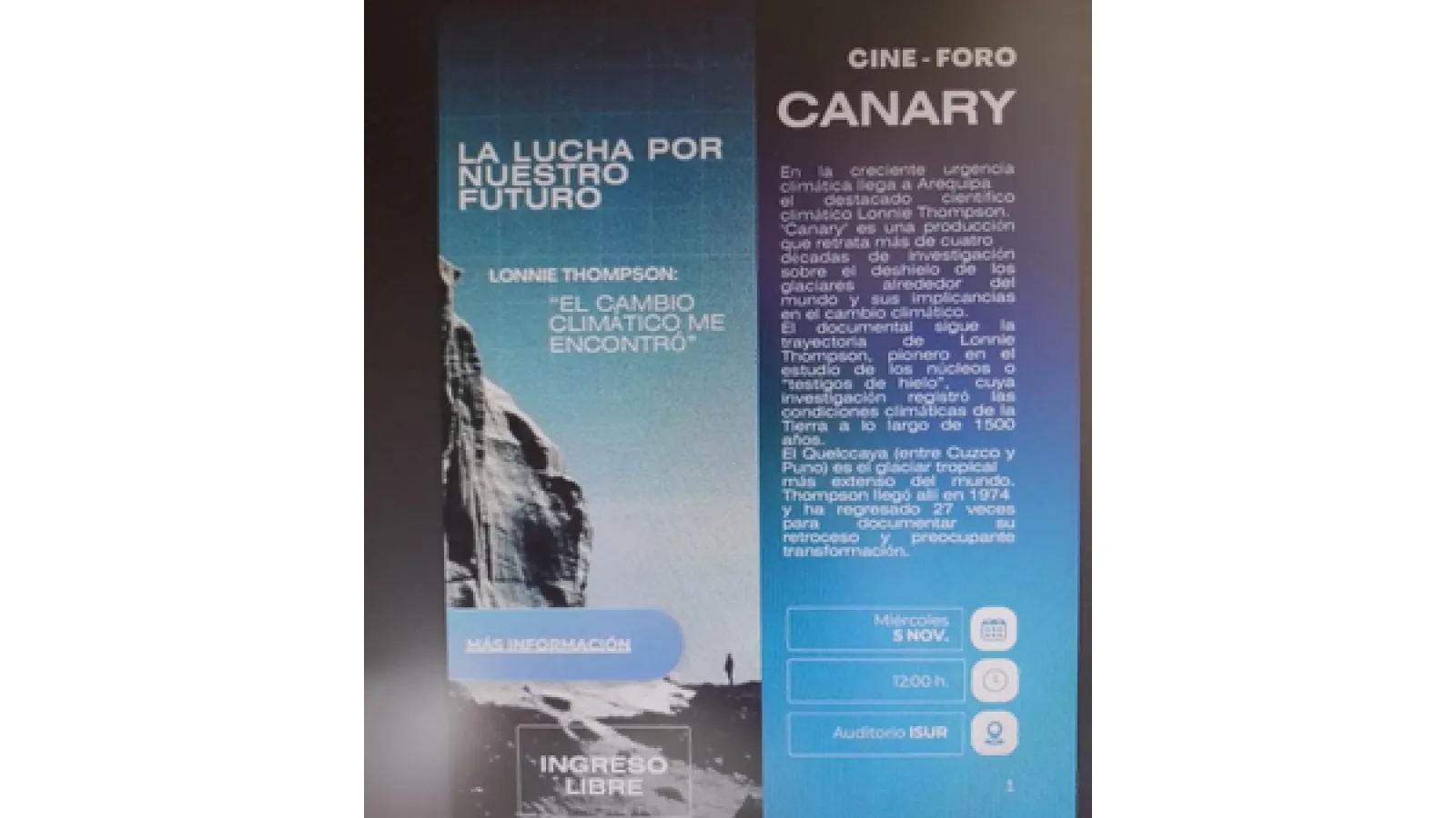 Poster for “Cine-Foro Canary” in Arequipa featuring Lonnie Thompson, with date, time, and auditorium details.