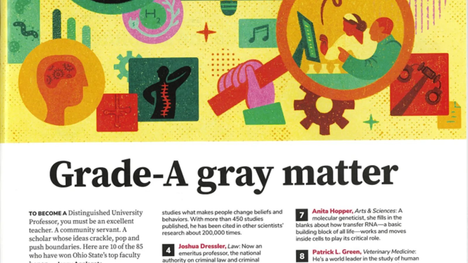 Illustrated magazine page titled “Grade-A gray matter,” featuring colorful graphics and a list highlighting ten distinguished Ohio State University faculty members recognized for excellence in research, teaching, and innovation.