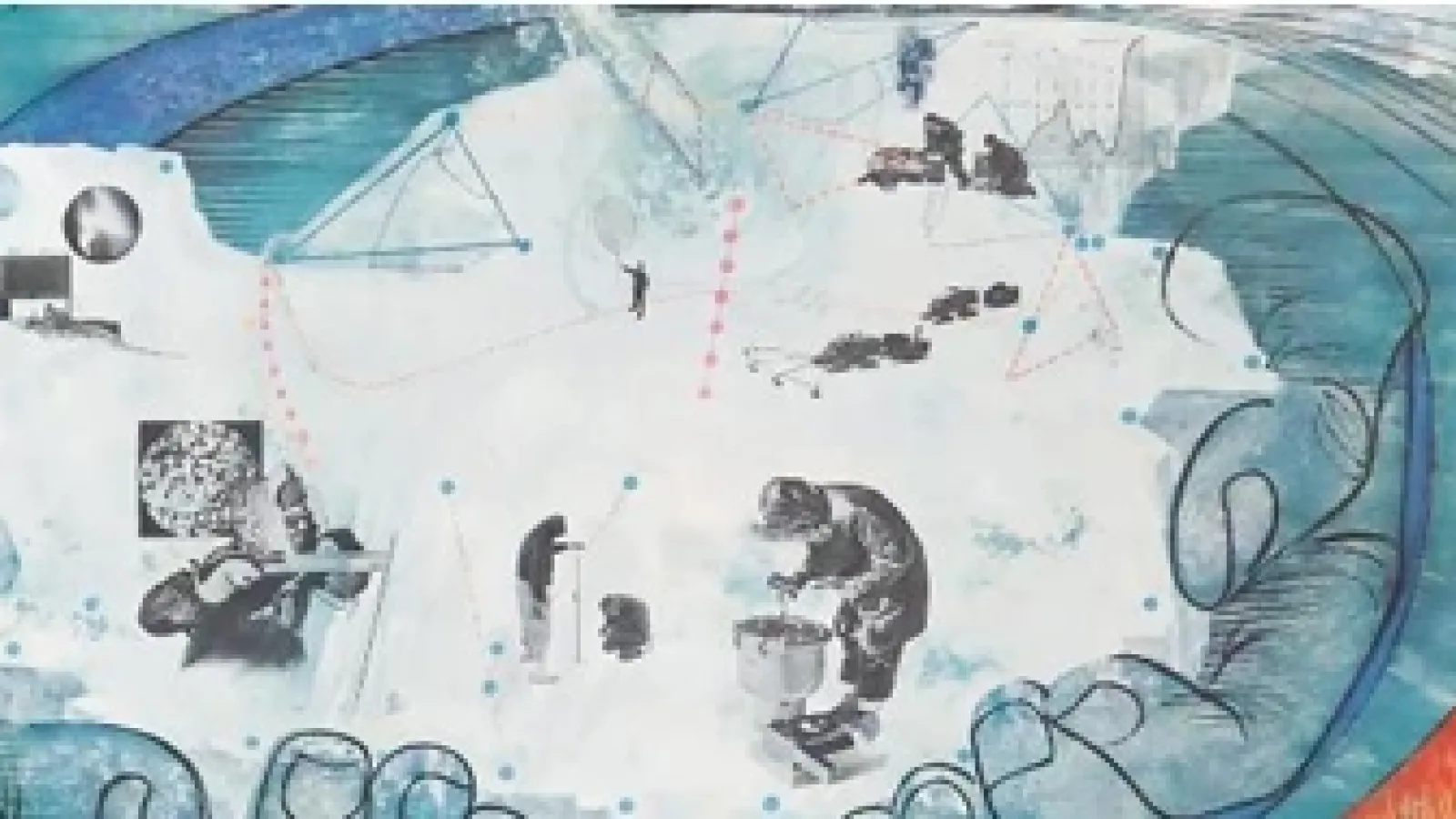 Abstract blue-toned illustration featuring scientists conducting research on a snowy landscape, with scientific equipment, dotted pathways, and swirling patterns.