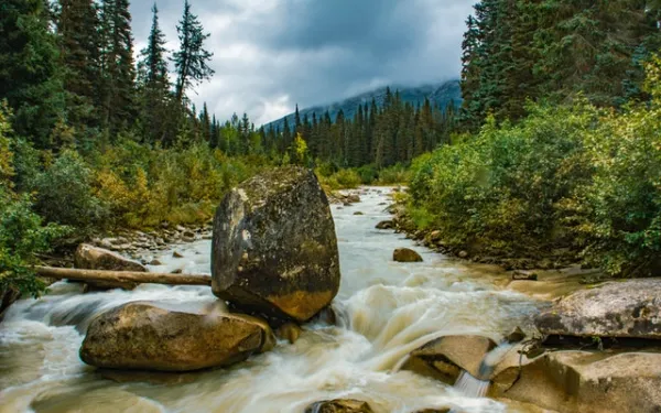 Alaskan River with large rocks jutting out from it. the river is surrounded by green forests. A storm gathers overhead.