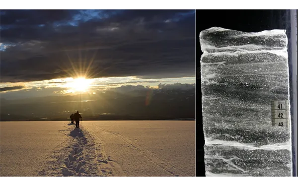 Two people walking on snowy glacier towards a setting sun on the left and an ice core sample depicted on the right