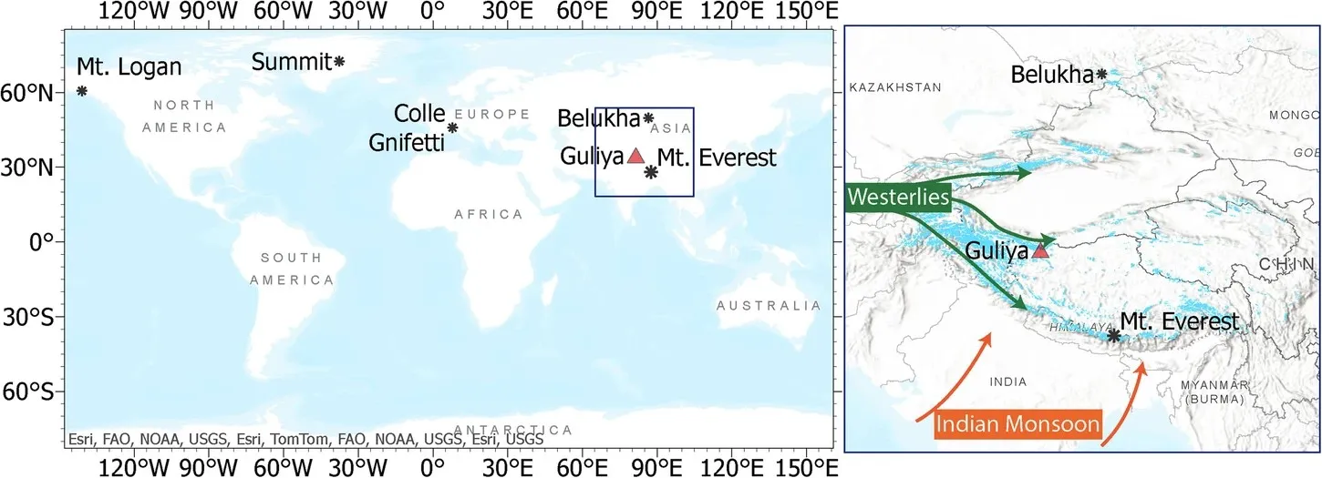 outline map of the continents and detailed insert of Guliya and Mt. Everest side by side.
