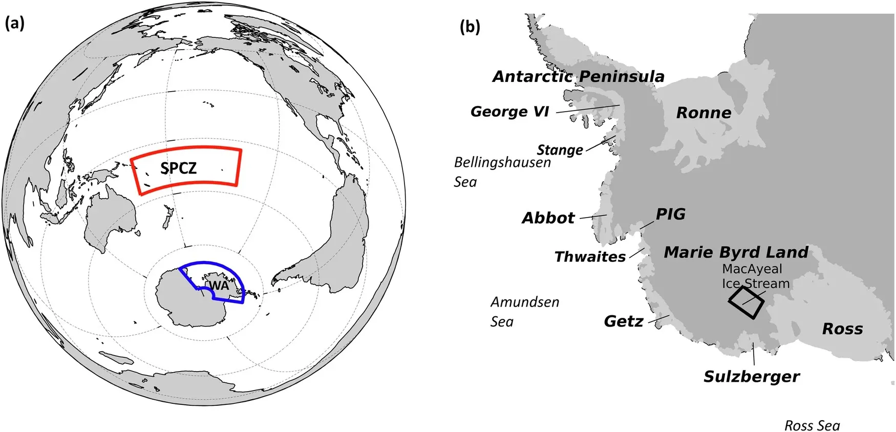 Map of a polar projection showing the Southern Pacific Convergence Zone (SPCZ) marked in red, and next to a detailed map of the Antarctic Peninsula and surrounding areas highlighting geographical features such as Thwaites and Getz glaciers.