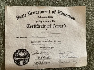 An award from the Ohio State Department of Education awarding Susannah first place in physics in the preliminary district state contest.