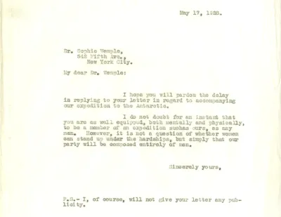 A typed letter from May 17, 1928 to Dr Sophie Wemple at 542 Fifth Ave. New York City. The tone is polite and the letter is brief.